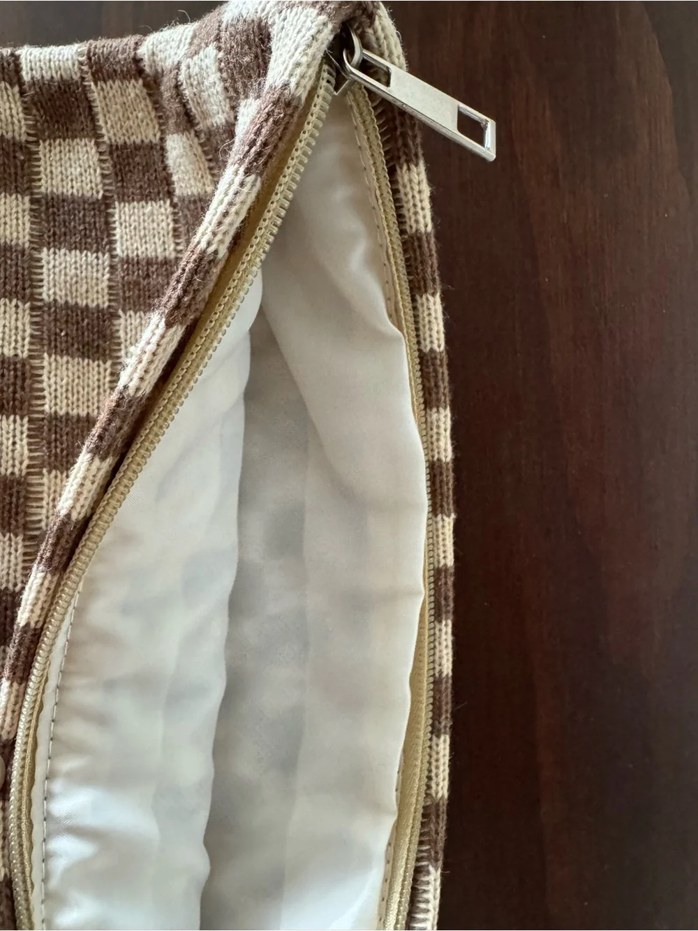 Checkerboard Knit Zip Pouches - Brown & Cream Set
